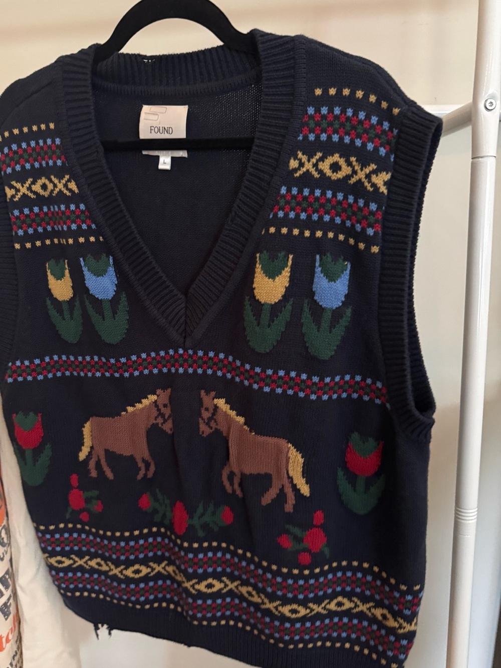 FOUND Navy distressed Horse & Floral Knit Vest